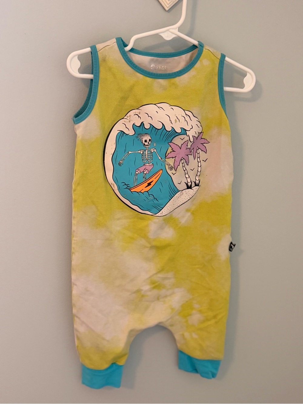 Rags - Kids Tie-Dye Surf Skeleton One-Piece Romper - Teal Trim